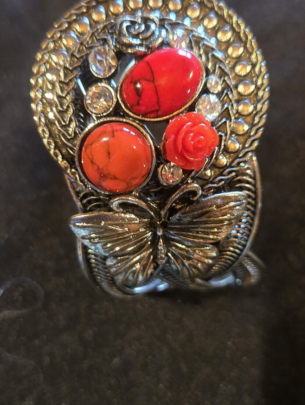 Silver-Tone Filigree Cuff Bracelet with Red Stone Accents
